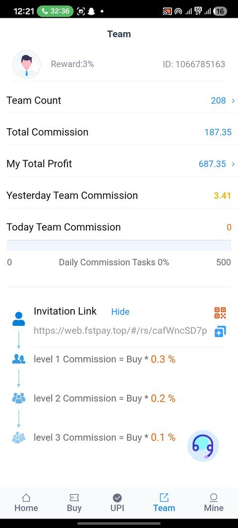 FstPay Team screen – invitation link and commissions